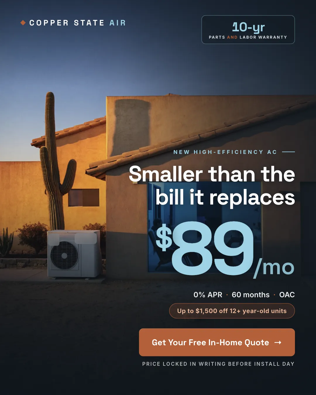 Copper State Air ad creative — New AC from $89/mo. 0% for 60 months.