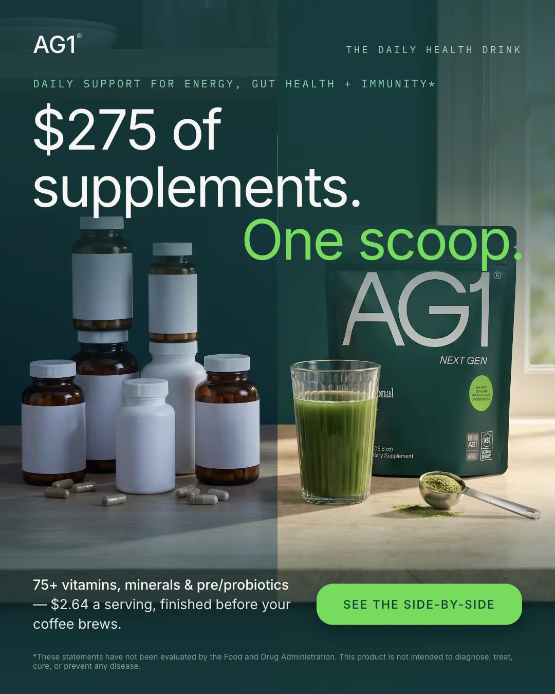 AG1 ad creative — One scoop. $2.64. Bases covered.