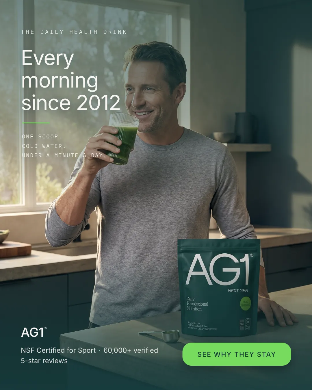 AG1 ad creative — Trusted since 2012. Still one scoop.