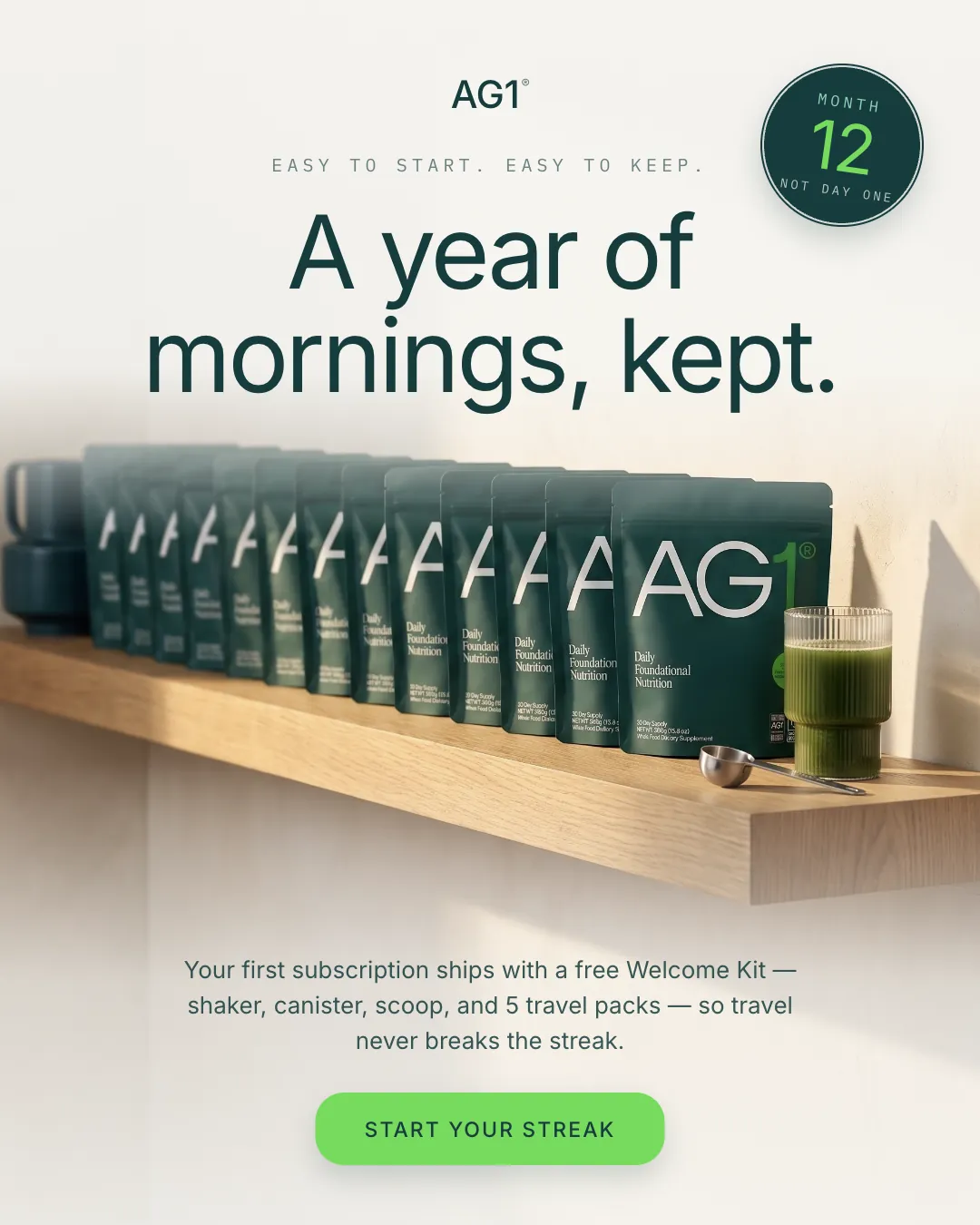 AG1 ad creative — Built for month twelve, not day one.