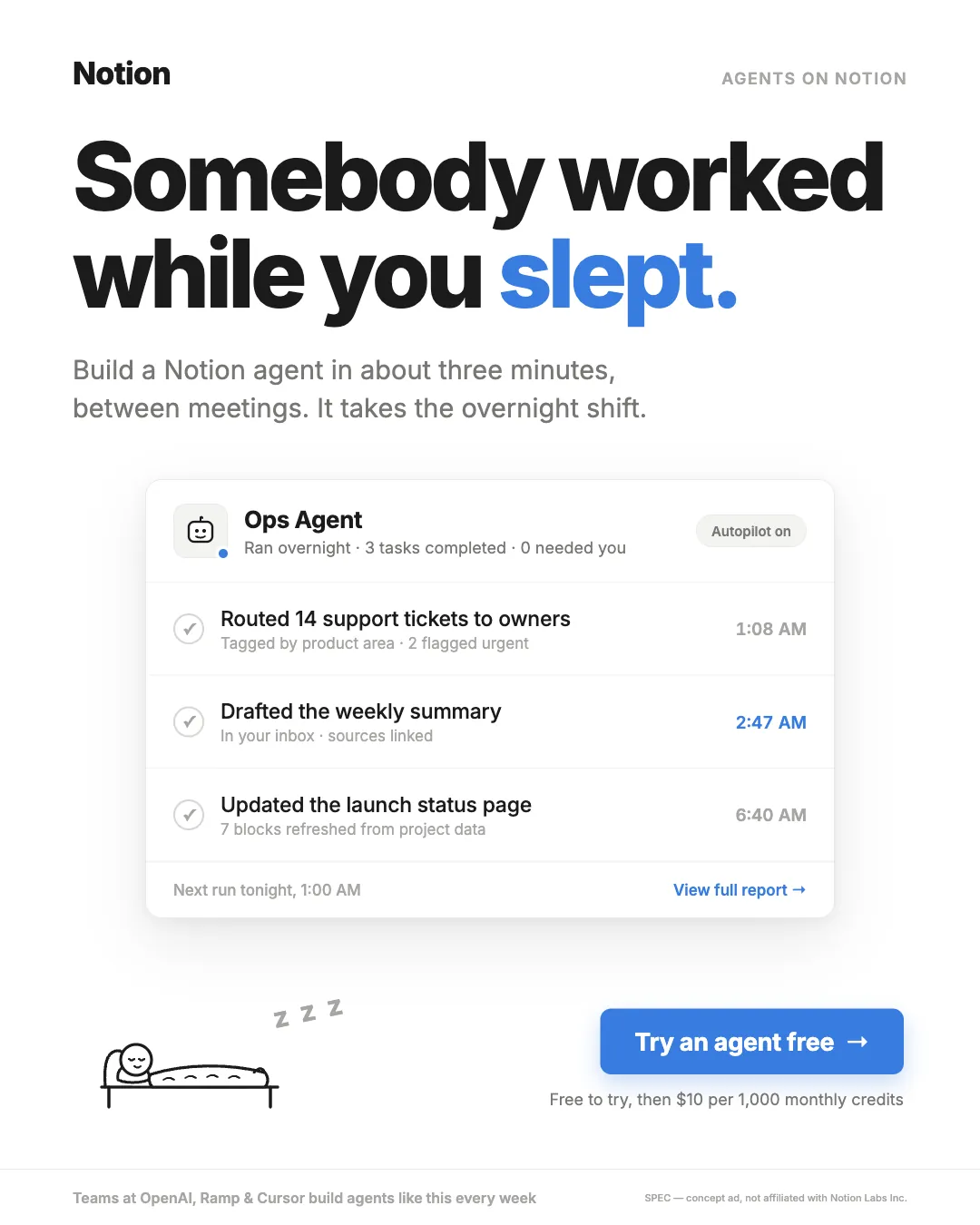 Notion ad creative — Built in 3 minutes. Works all night.