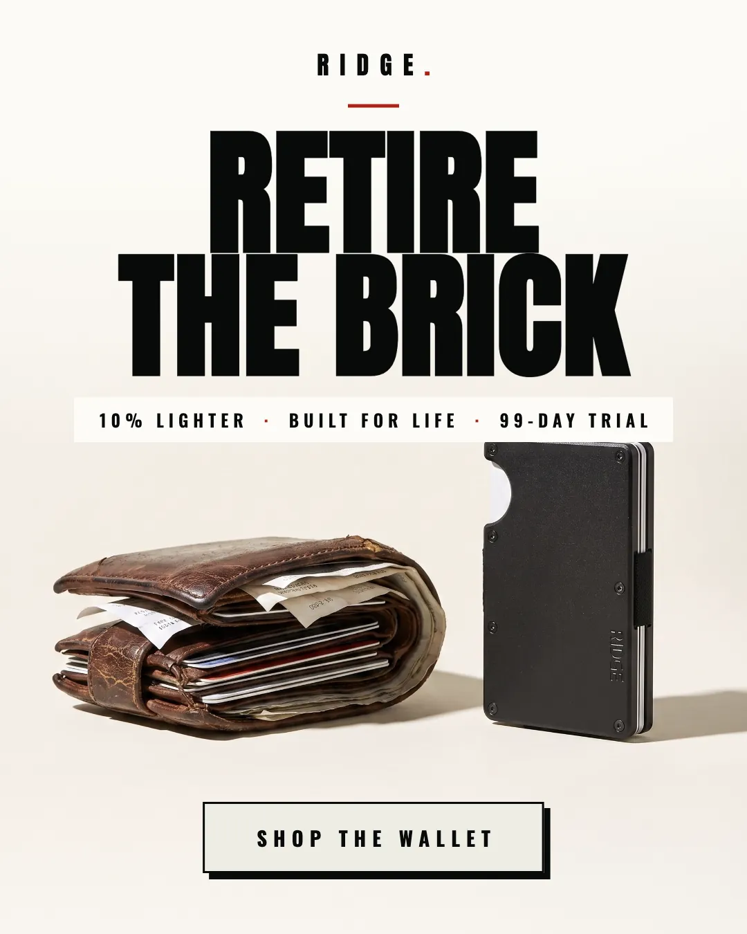 Ridge ad creative — The wallet, reimagined. 10% lighter.