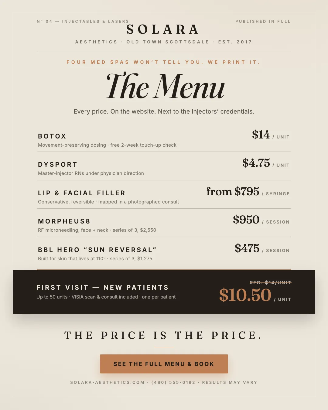 Solara Aesthetics ad creative — Botox: $14/unit. It’s published.
