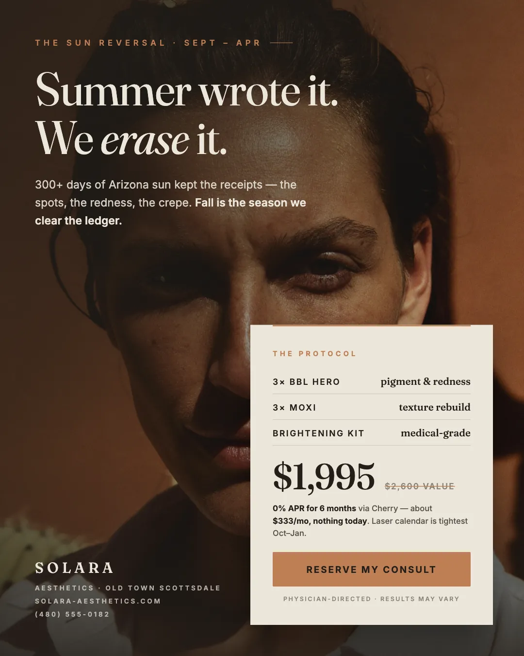 Solara Aesthetics ad creative — Undo the summer. All of it.